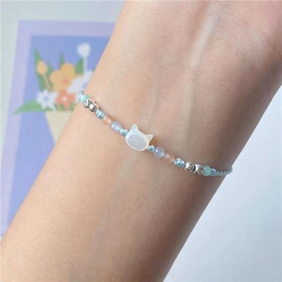 2Pcs Cute Cat Bracelet Set Resin Moonstone Friendship Bracelets for Women - Picture 6 of 8